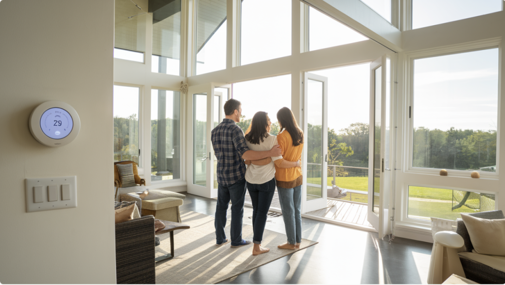 A family benefits from eco-friendly home features, including fresh air ventilation, solar energy, and sustainable design