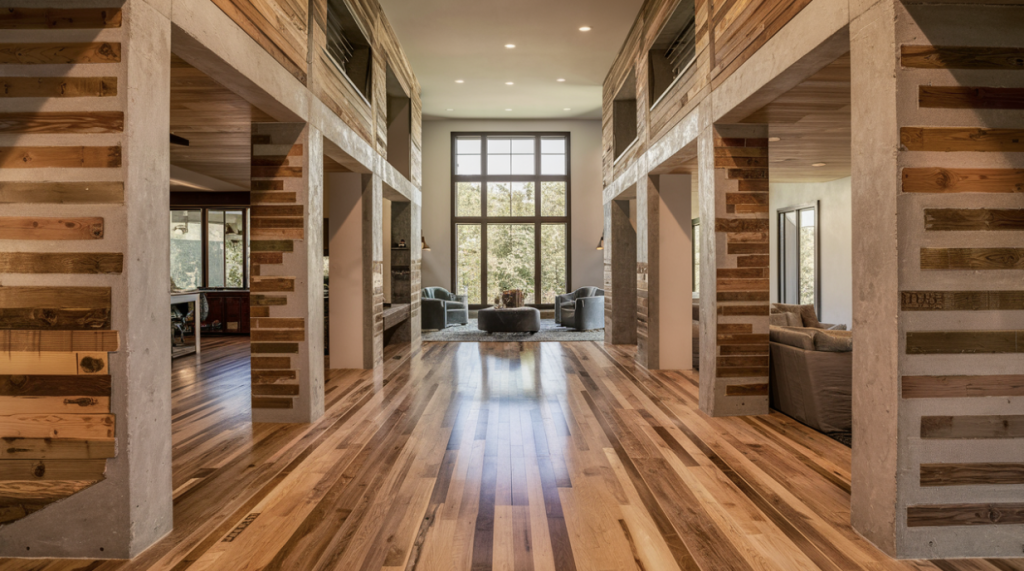 Sustainable materials used in eco-friendly home construction, including bamboo flooring and insulated concrete forms.